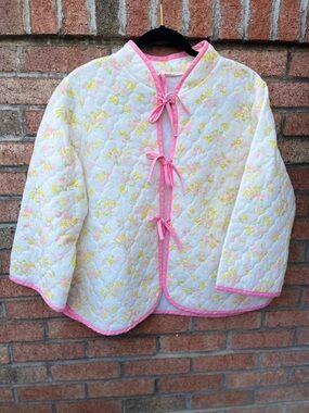 Vintage 60’s Floral Quilted Jacket or “Brunch Coat”  Pastel with Pink Tie Front